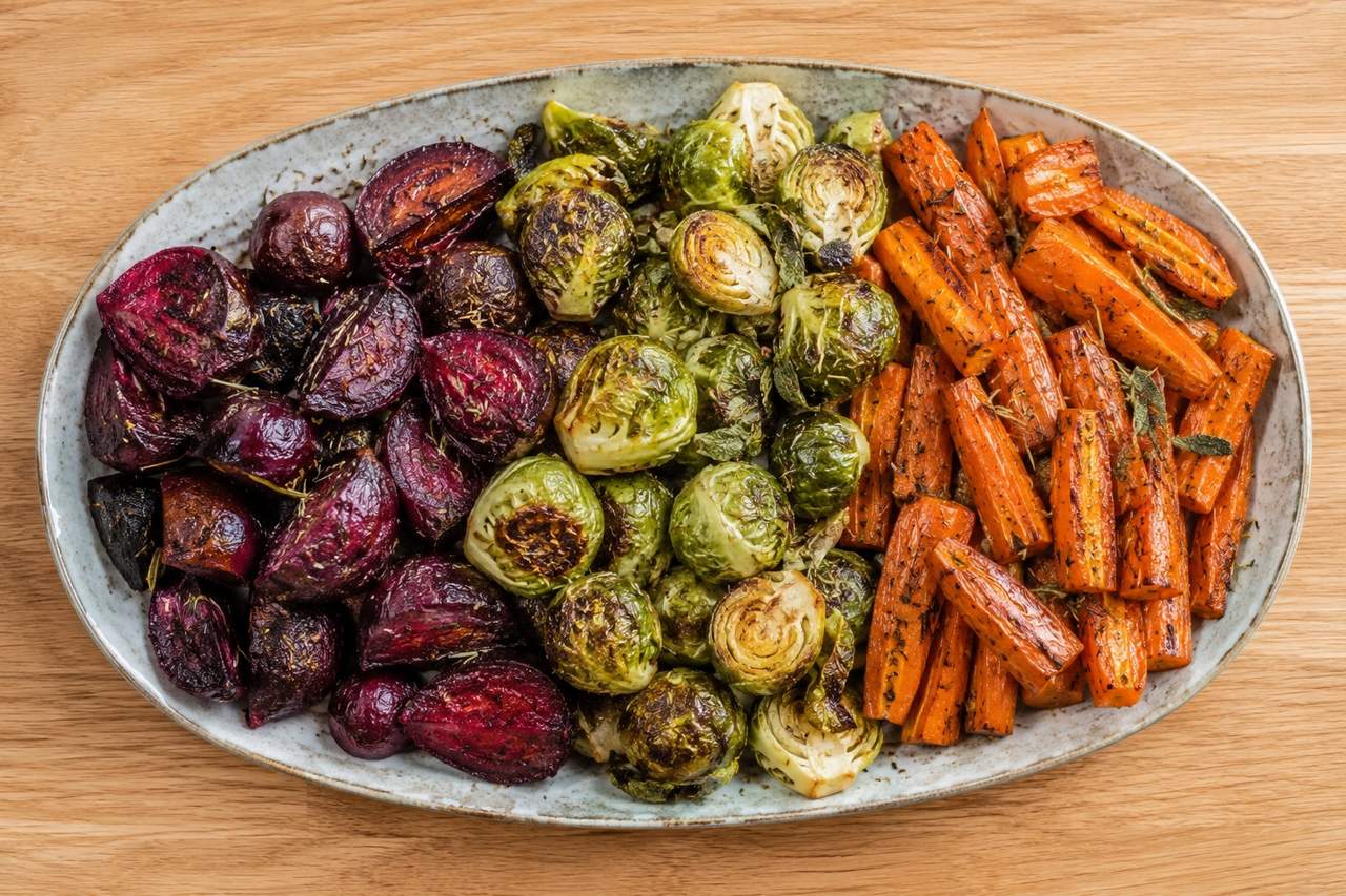 AIP roasted beets, Brussels sprouts, and carrots - a colorful root-and-cruciferous side