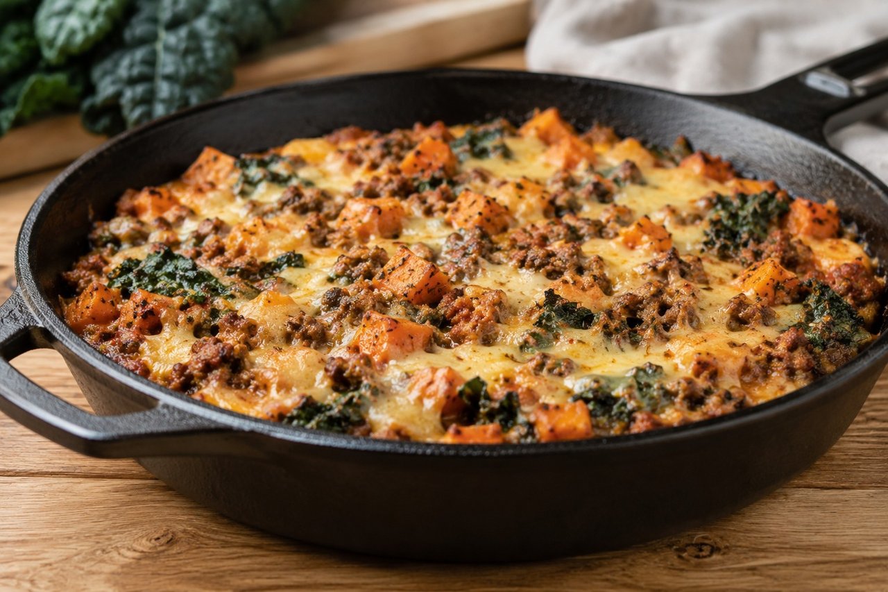 AIP beef and kale casserole - skillet then oven, iron and leafy-green main dish