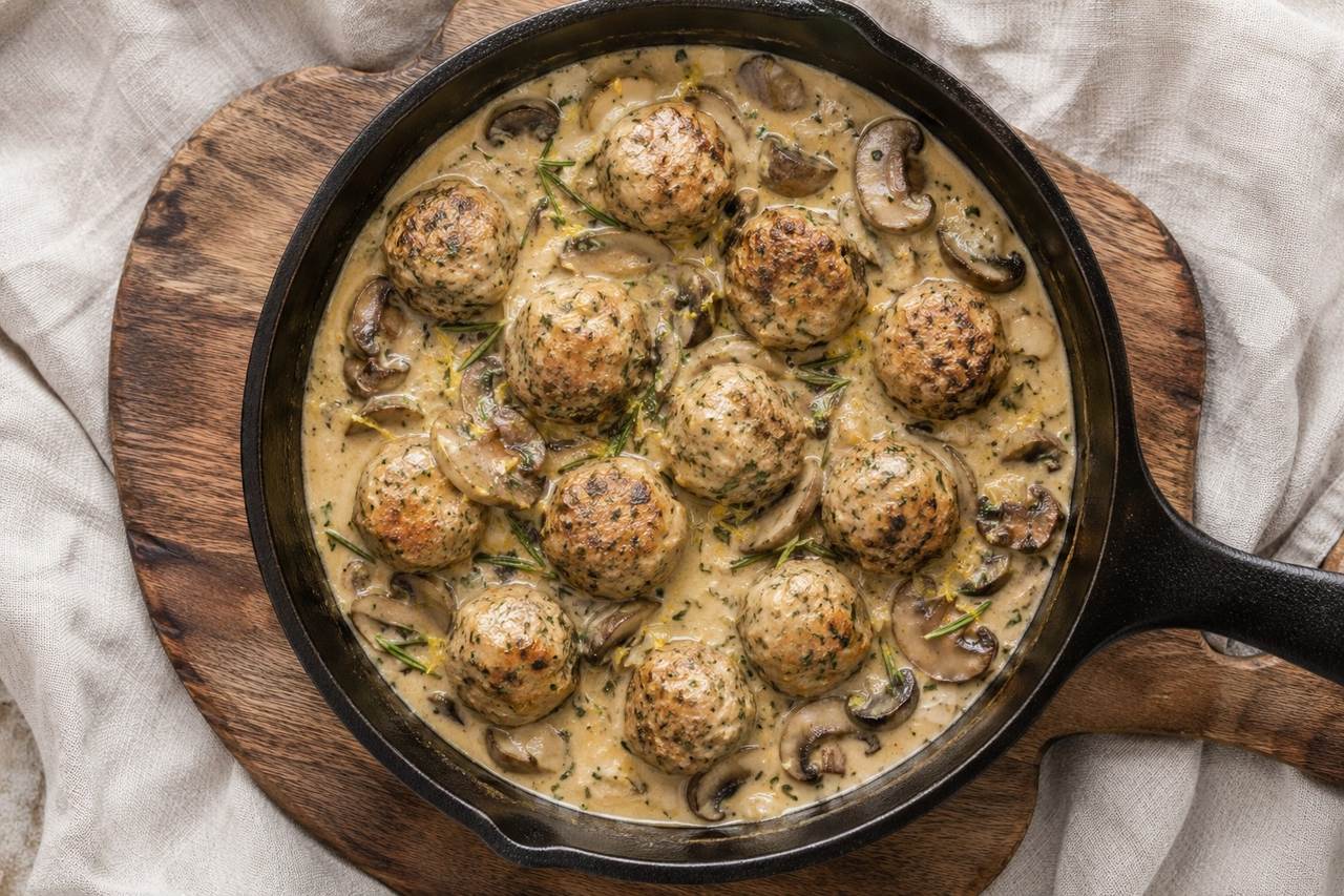 AIP chicken meatballs in coconut-mushroom cream sauce - air fryer or skillet, egg-free