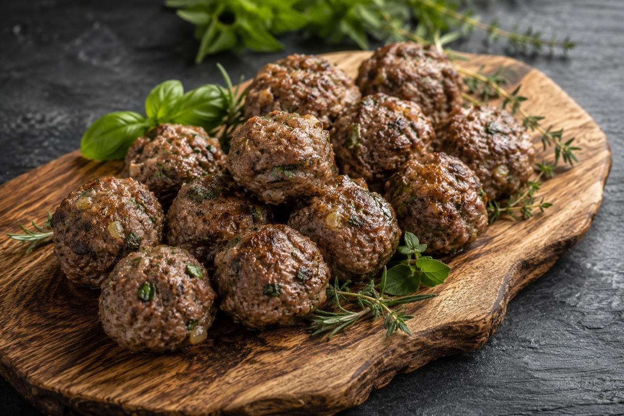 baked beef meatballs bound by fresh herbs and aromatics instead of egg or breadcrumb, AIP Core friendly