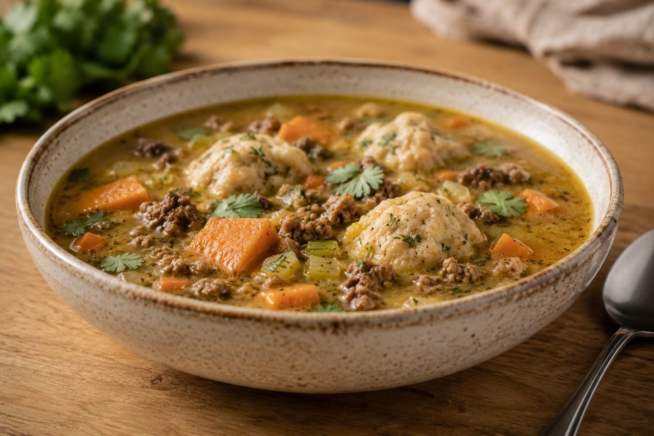 Caribbean-inspired ground beef soup in a coconut broth with sweet potato and cassava-coconut dumplings, AIP Core friendly