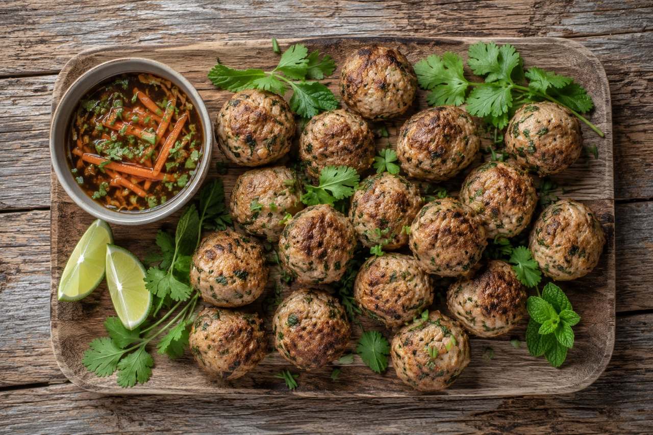 ginger and herb pork meatballs with a sweet lime and coconut aminos dipping sauce, AIP Core friendly