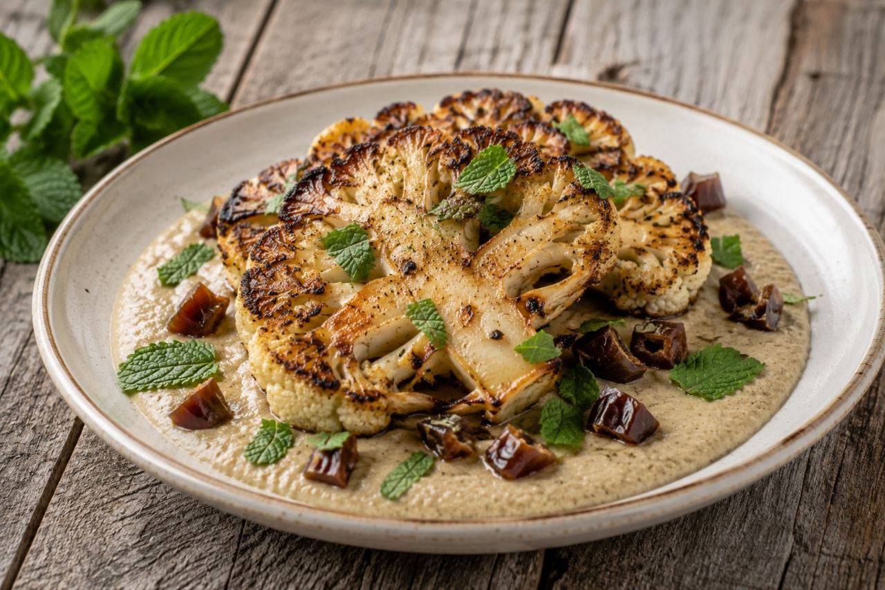thick grilled cauliflower steaks over a blended lemon-garlic tigernut sauce with mint and dates, AIP Core friendly