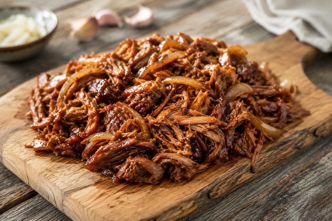 Instant Pot pork shoulder shredded and coated in a nomato nightshade-free BBQ sauce built on honey, molasses, cinnamon, vinegar, and coconut aminos, AIP Core friendly