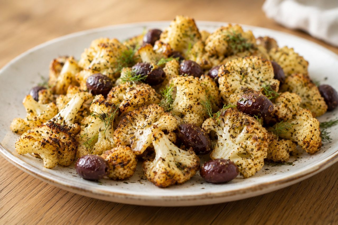 air fryer Greek cauliflower, lemon-herb florets crisped in the air fryer