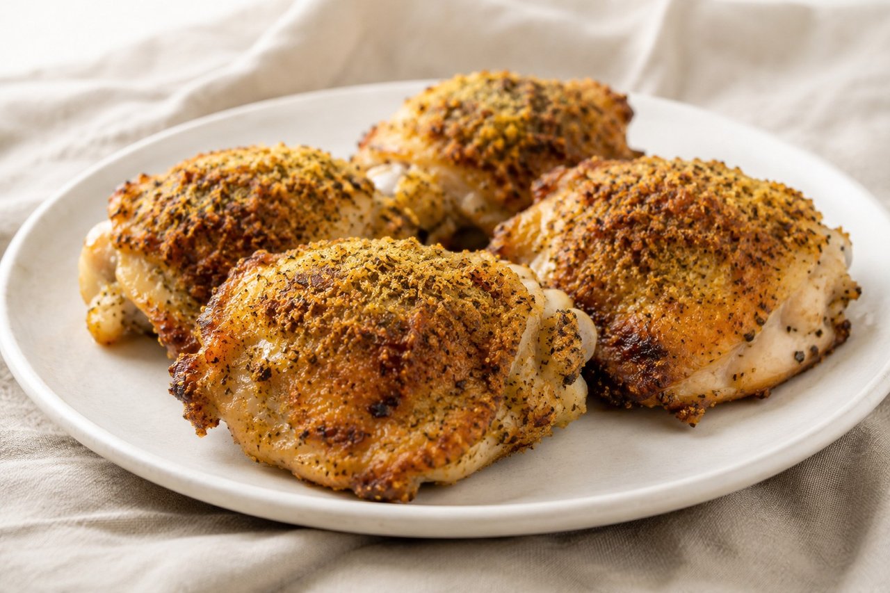 air fryer savory chicken thighs, crisp-skinned thighs with a nutritional yeast and herb crust