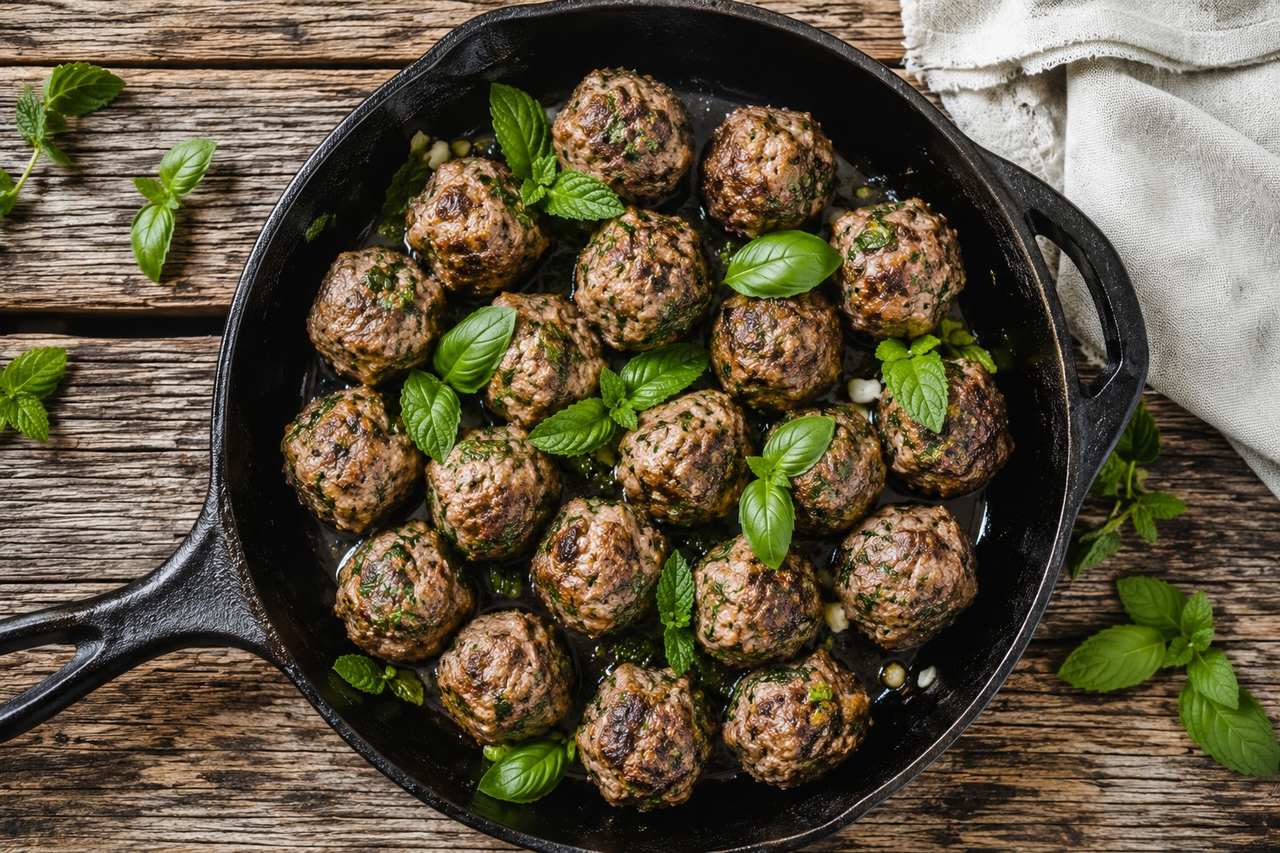 basil mint lamb meatballs, ground lamb baked with fresh herbs, garlic, and coconut aminos