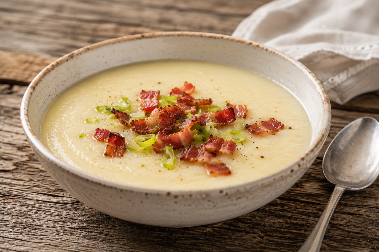 creamy cauliflower leek soup, cauliflower and leeks simmered in bone broth and pureed smooth