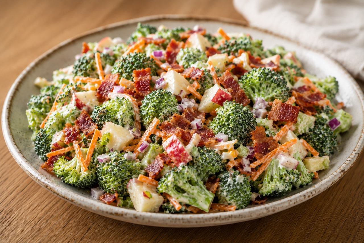 broccoli apple salad, raw broccoli tossed with a creamy coconut-lemon dressing and chilled