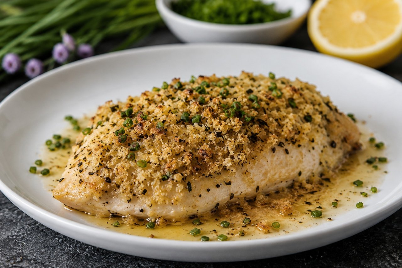 coconut butter chive chicken, oven-baked chicken breasts finished with a coconut butter and chive crumble
