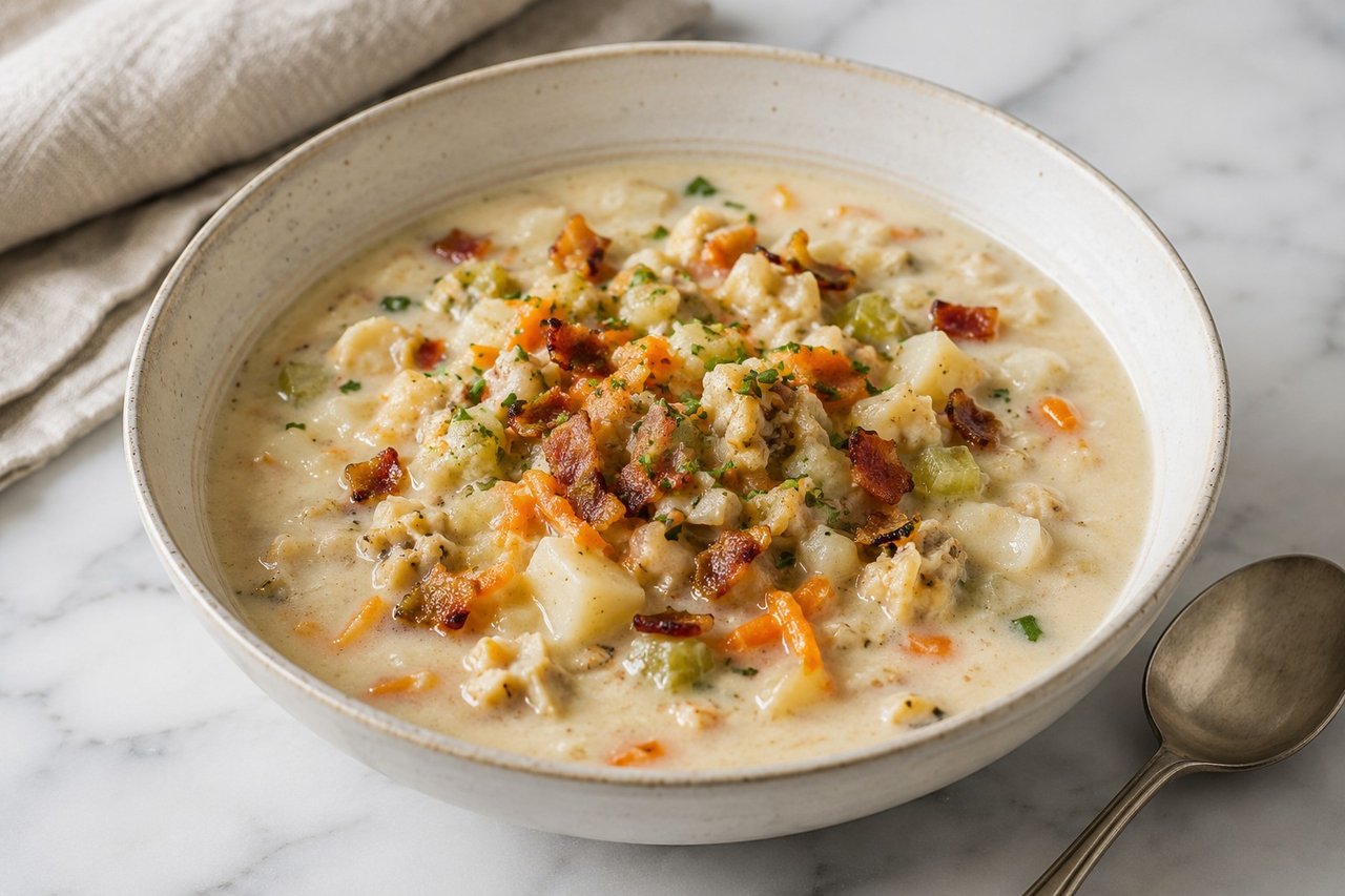 creamy clam chowder with bacon and coconut milk, dairy-free and AIP Core