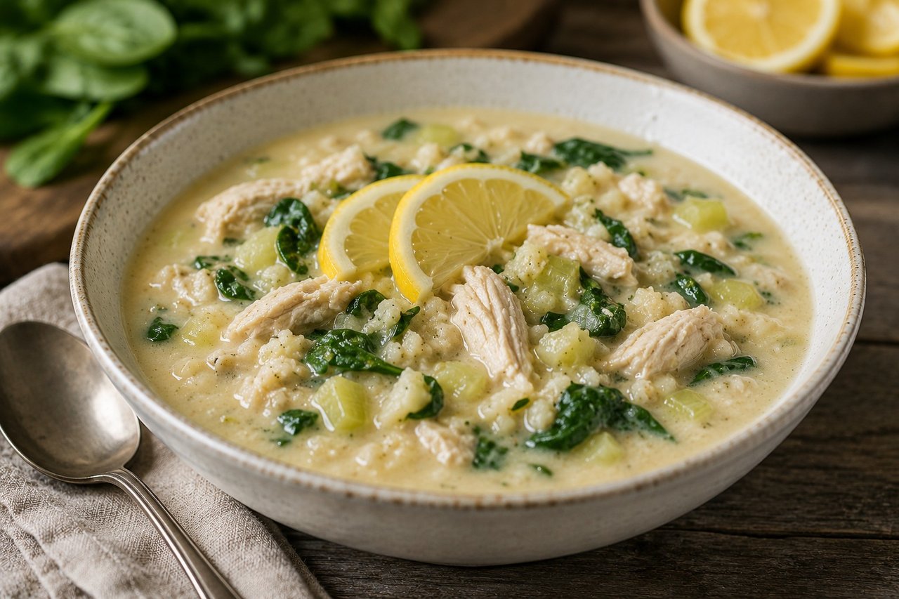 creamy lemon chicken soup with riced cauliflower and coconut milk, AIP Core