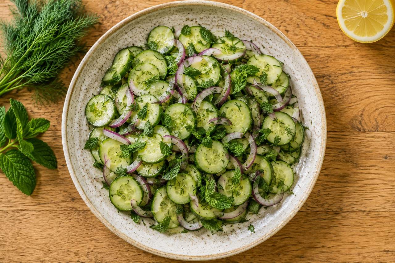 bright cucumber and red onion salad with mint and dill, no-cook AIP Core
