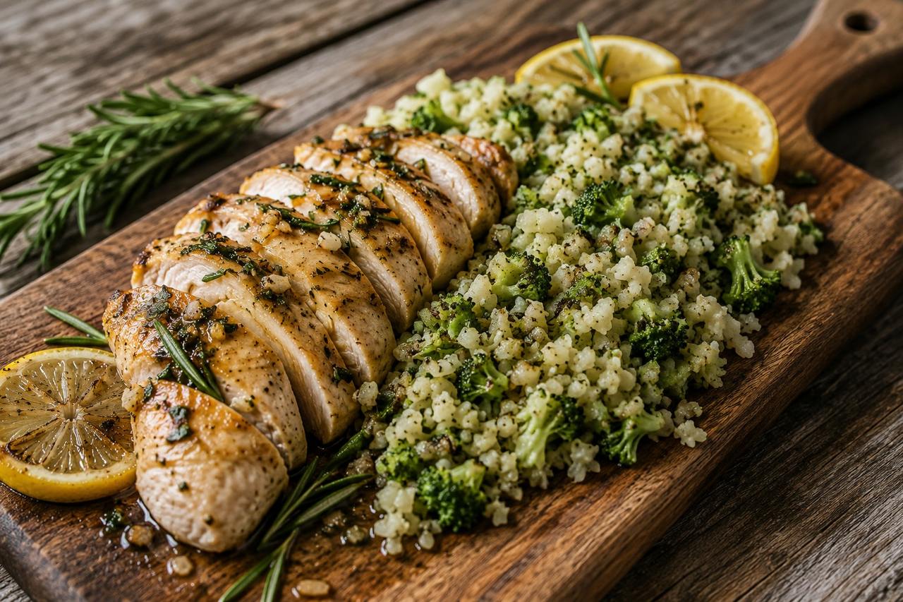 rosemary lemon chicken with broccoli-cauliflower rice, a clean weeknight main