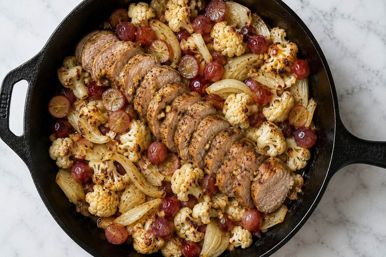 sheet-pan pork tenderloin with fennel, cauliflower, and grapes