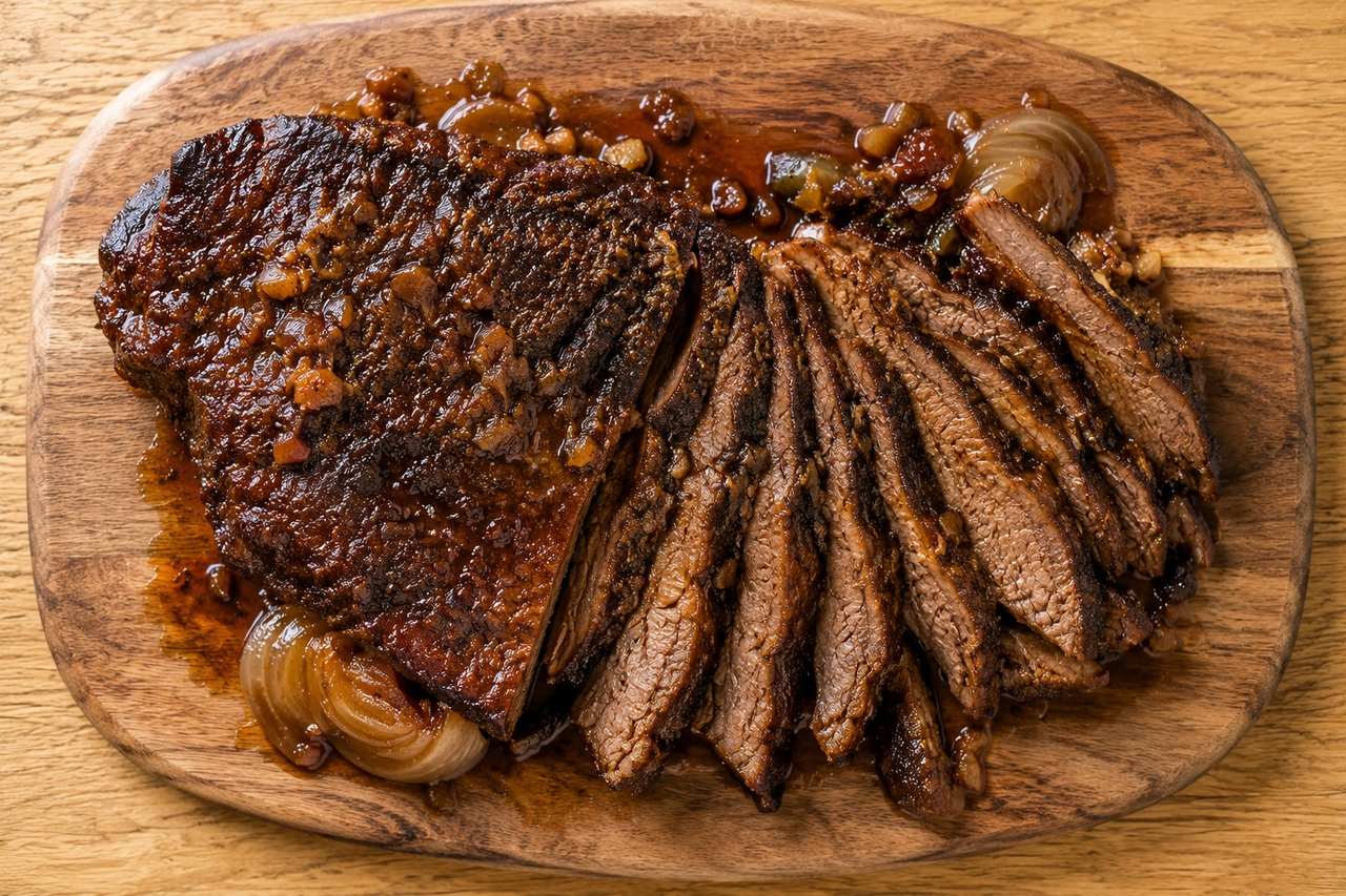 slow-braised beef brisket with a nightshade-free nomato BBQ sauce