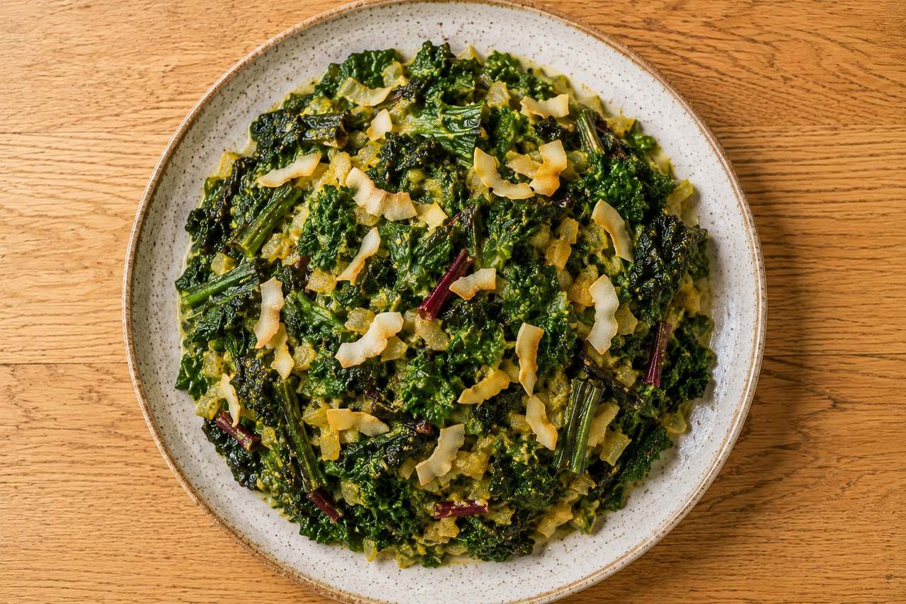 coconut creamed hardy greens, a rich AIP side for kale and chard