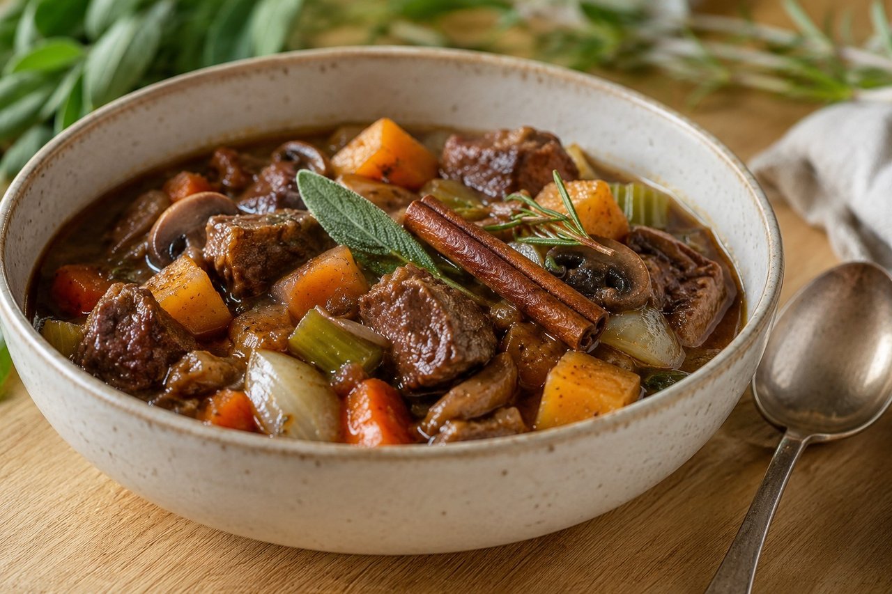 cinnamon beef stew with butternut squash and mushrooms, slow-simmered one-pot braise