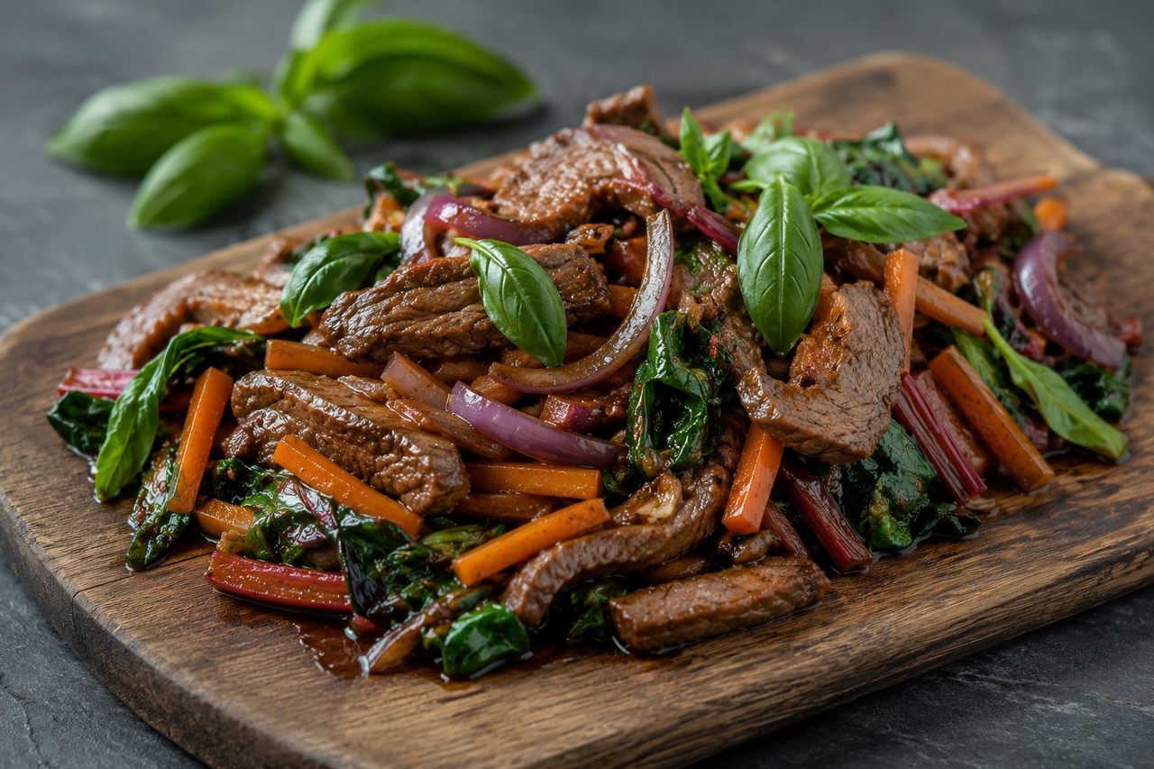 Thai basil beef stir-fry with carrots and rainbow chard in a coconut-aminos sauce