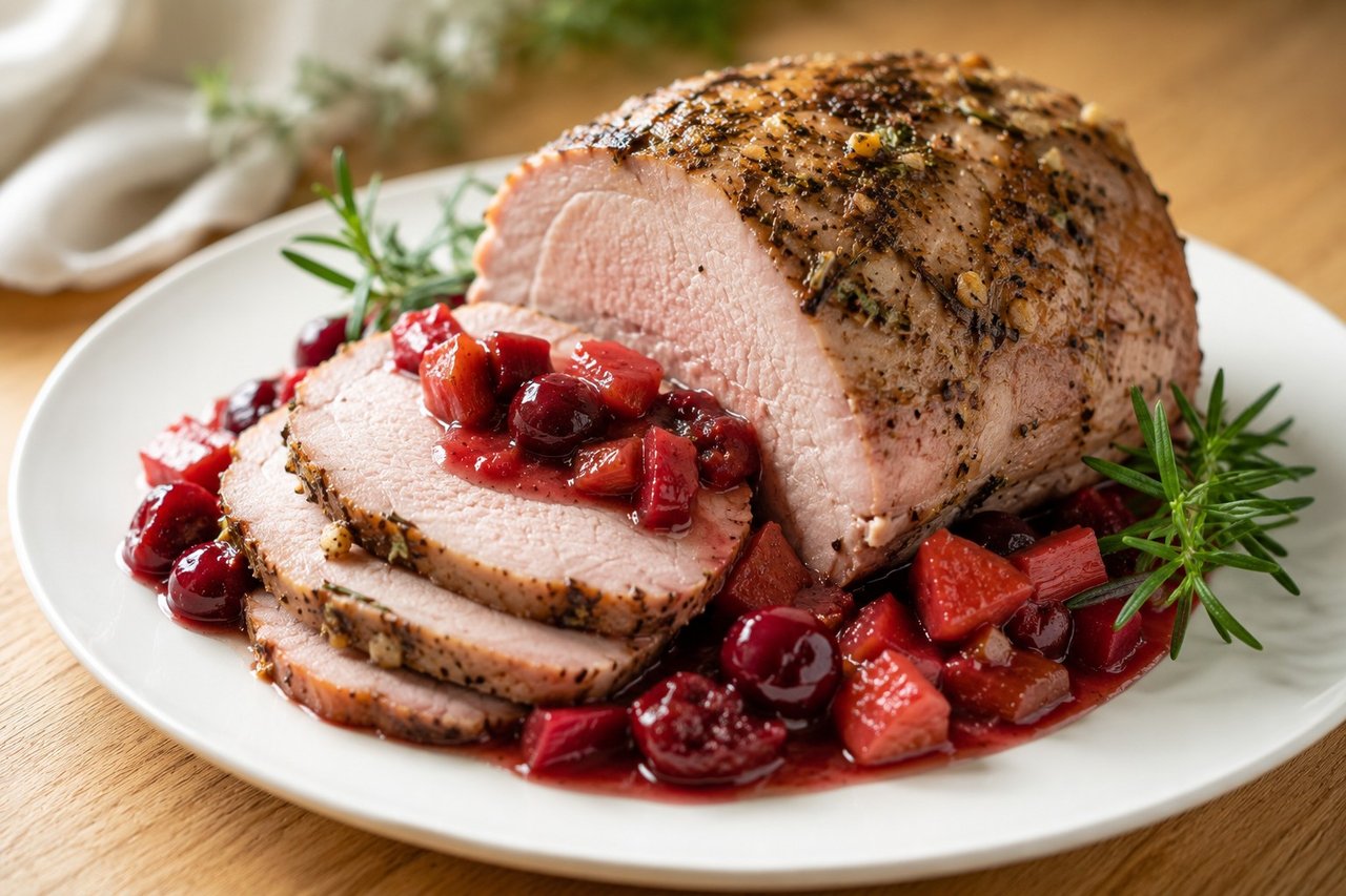 oven-roasted pork with a simmered cherry-rhubarb sauce, rosemary and garlic rub