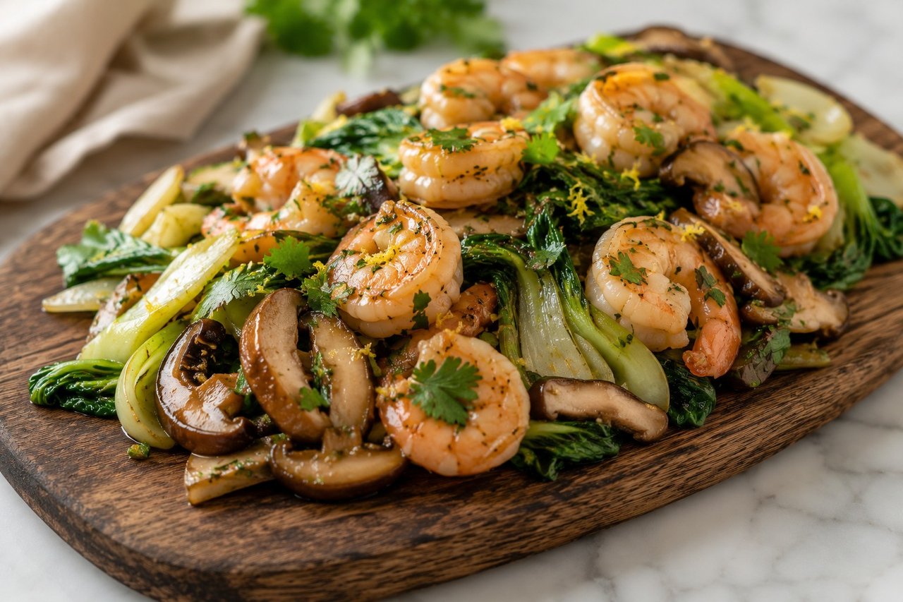 lemon-garlic shrimp stir-fried with bok choy and mushrooms, quick one-pan dinner