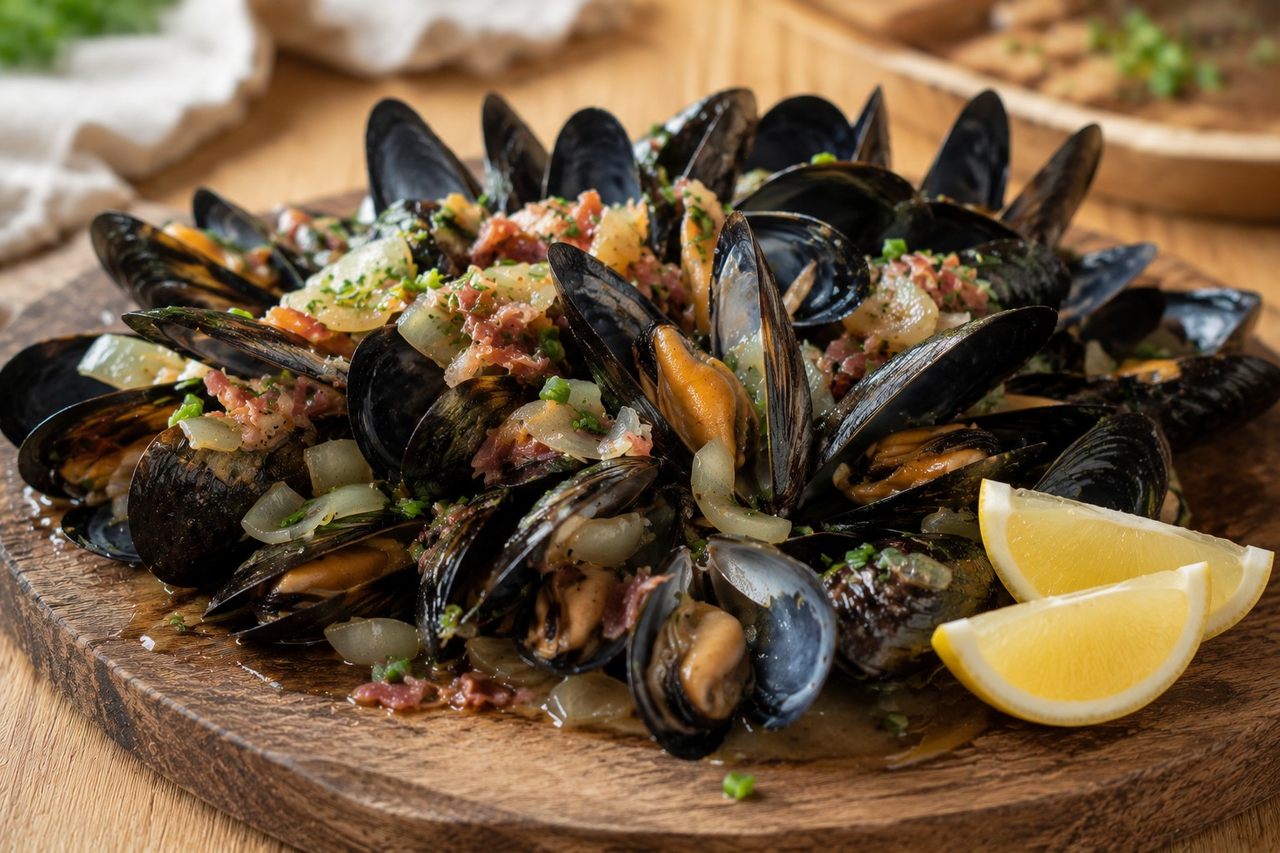 mussels steamed in bone broth with onion, garlic, and prosciutto, finished with herbs and lemon