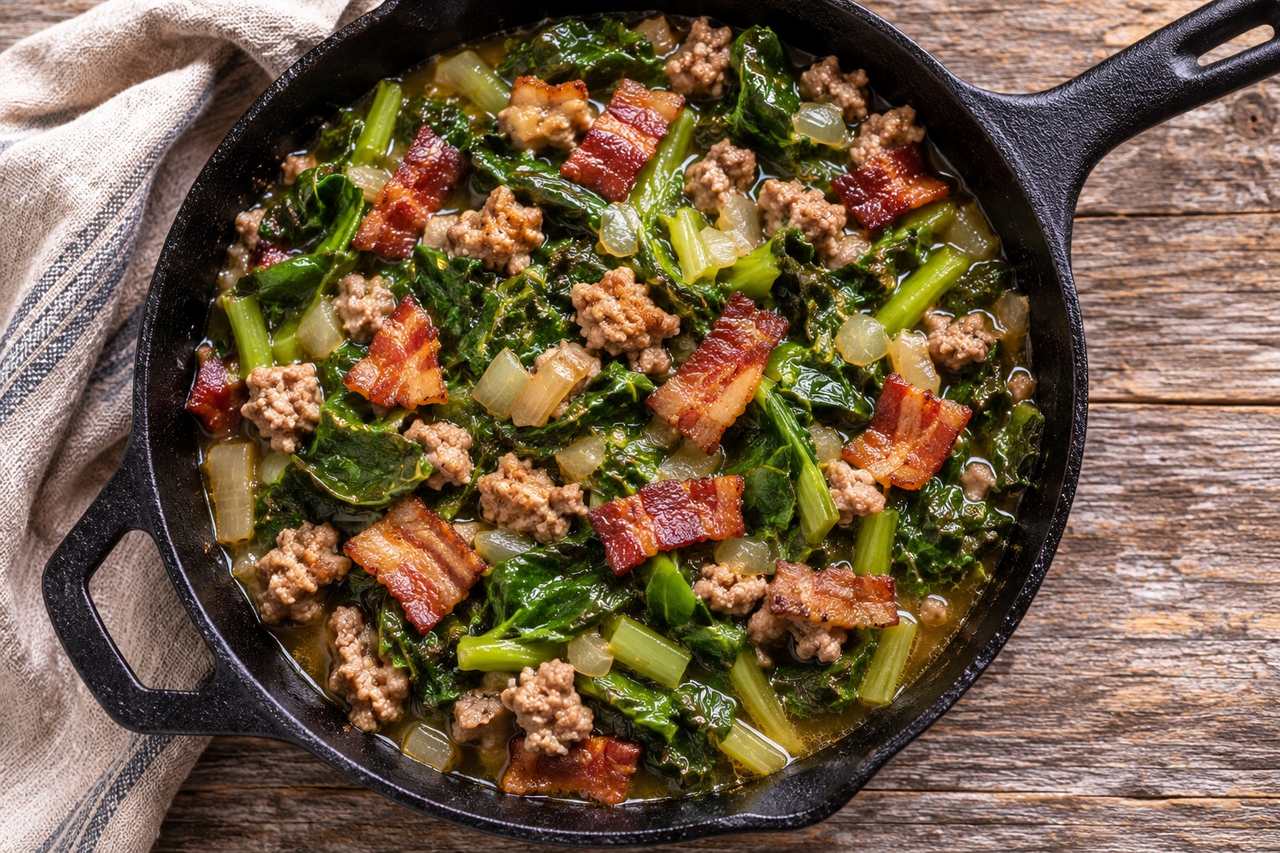 braised turnip greens simmered with bacon and ground pork, one-pot Southern-style greens