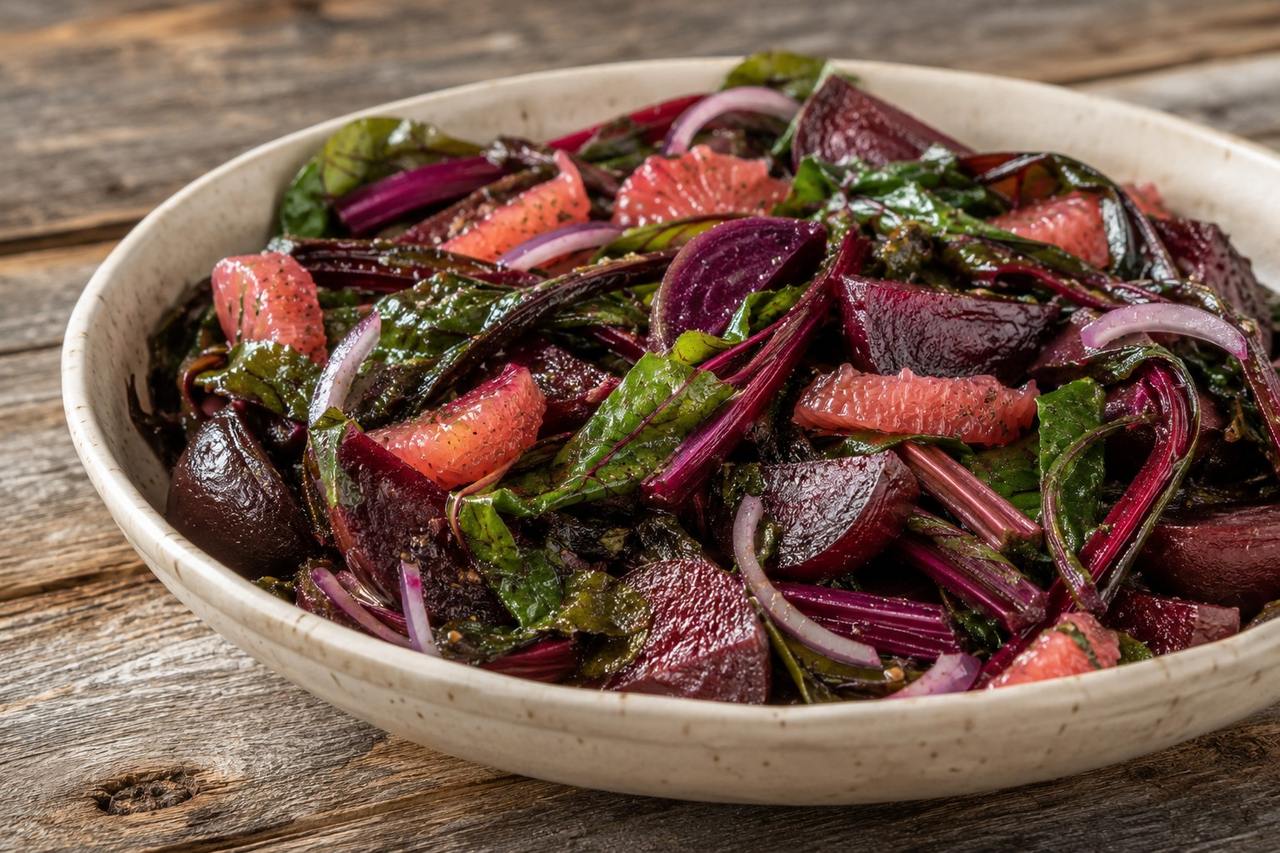 roasted beets with their greens, grapefruit, and a balsamic anchovy vinaigrette, a whole-vegetable salad that wastes nothing