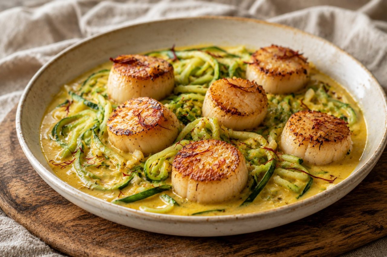 pan-seared scallops in a saffron, broth, and coconut milk pan sauce over sauteed zucchini noodles, a quick elegant supper