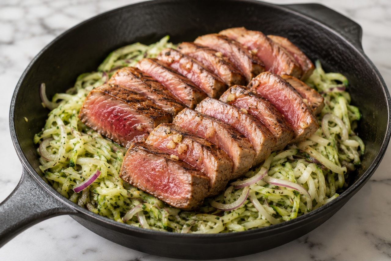 ahi tuna marinated in lemon, ginger, and coconut aminos, grilled medium-rare, served over a fresh shredded zucchini relish