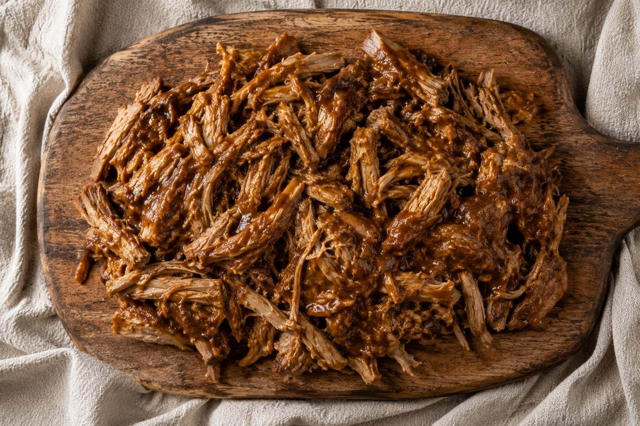 pressure-cooked pulled pork shoulder in a nightshade-free, no-mato BBQ sauce built on pumpkin, molasses, cinnamon, and horseradish