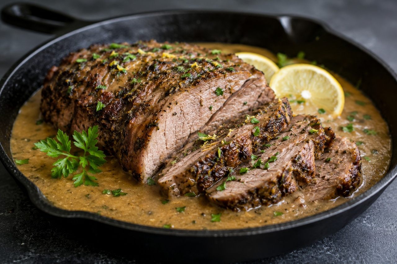 pressure-cooked seasoned leg of lamb on a bed of aromatics, crisped in the oven, with the vegetables and broth pureed into a silky gravy