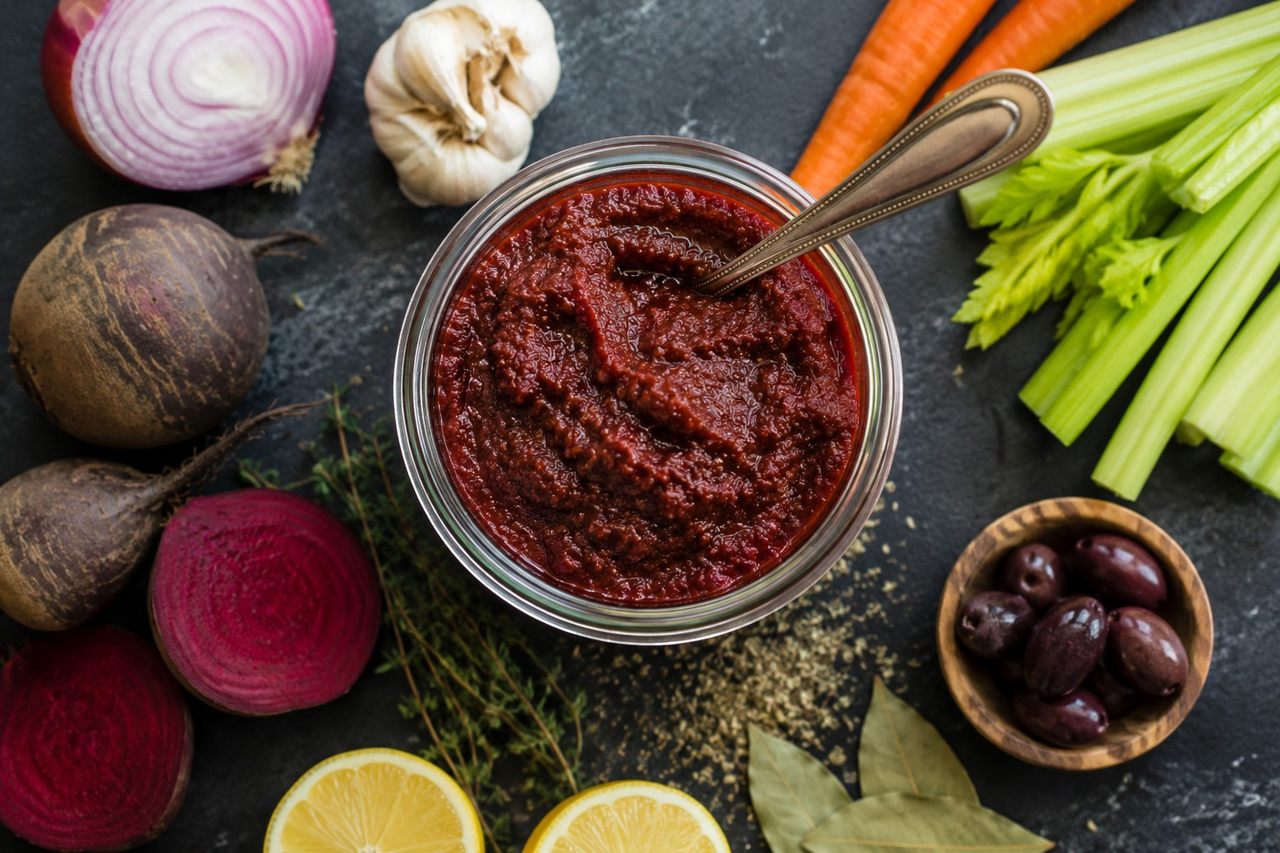 nightshade-free no-mato marinara built on beets, carrots and celery, blended with kalamata olives for umami, tomato-free