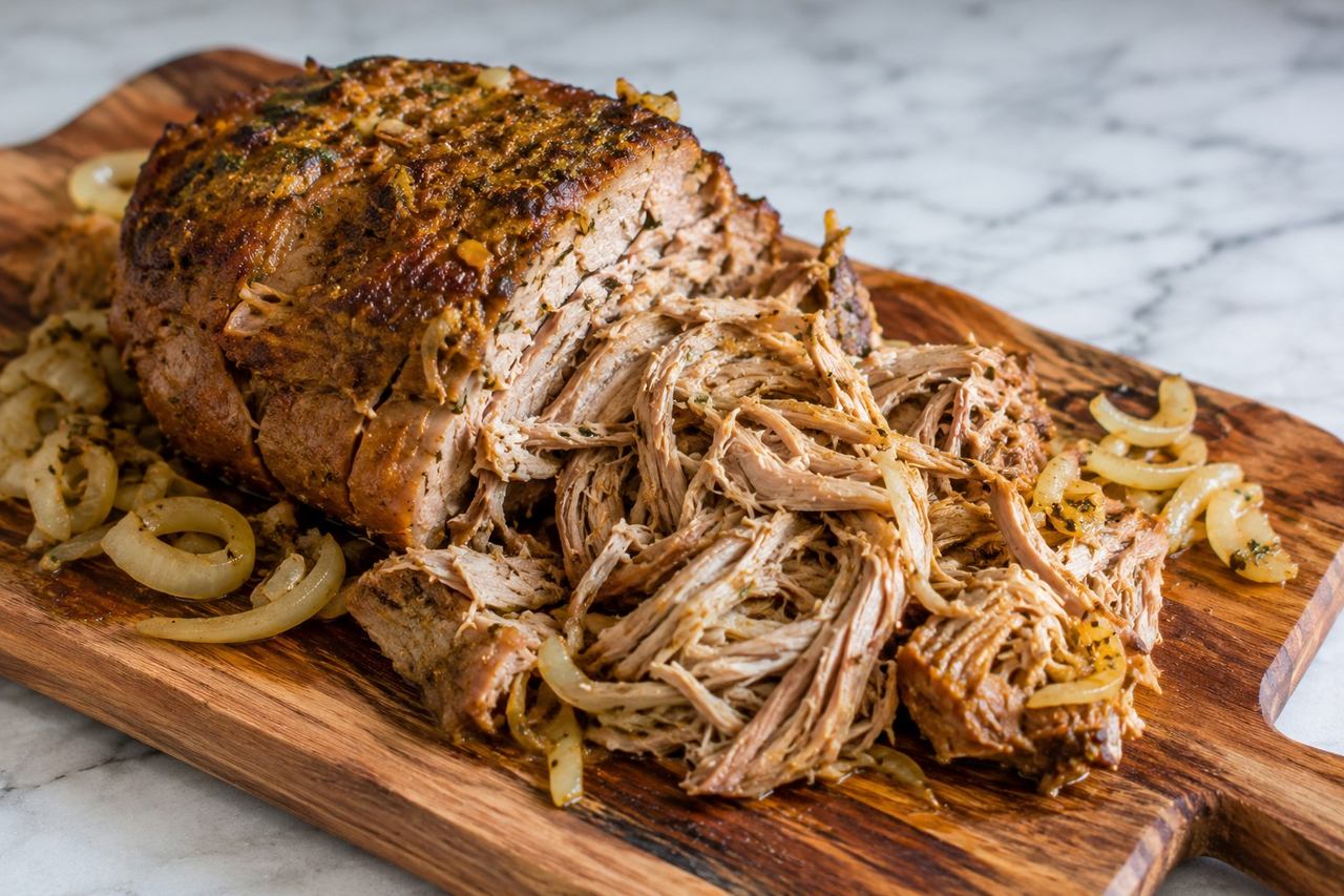 Cuban lechon asado, pork roast marinated in oil-free citrus-garlic mojo then slow-cooked or pressure-cooked until shreddable