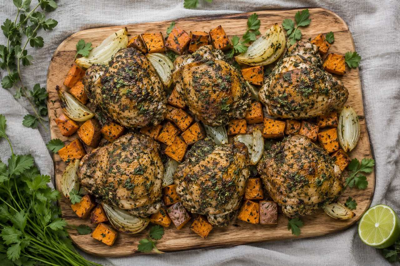 chimichurri-marinated chicken thighs, parsley and oregano and garlic blended into a marinade, sheet-pan roasted over sweet potato and onion
