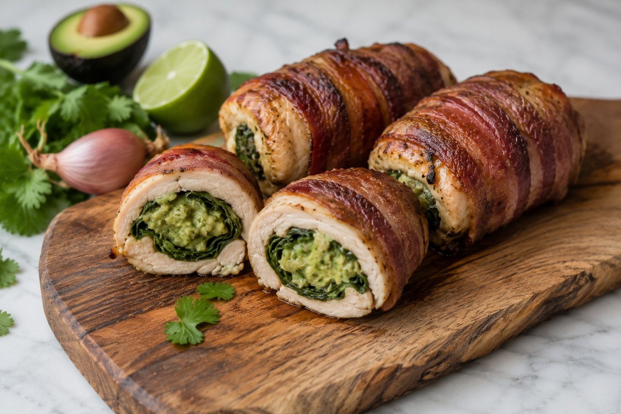 pounded chicken breasts layered with collard greens and nightshade-free guacamole, rolled, wrapped in bacon, browned and baked
