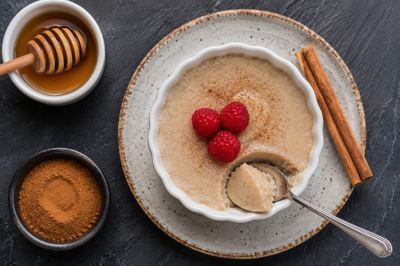 dairy-free egg-free vanilla cinnamon pudding, coconut milk lightly sweetened and spiced, thickened with gelatin and chilled to set in ramekins
