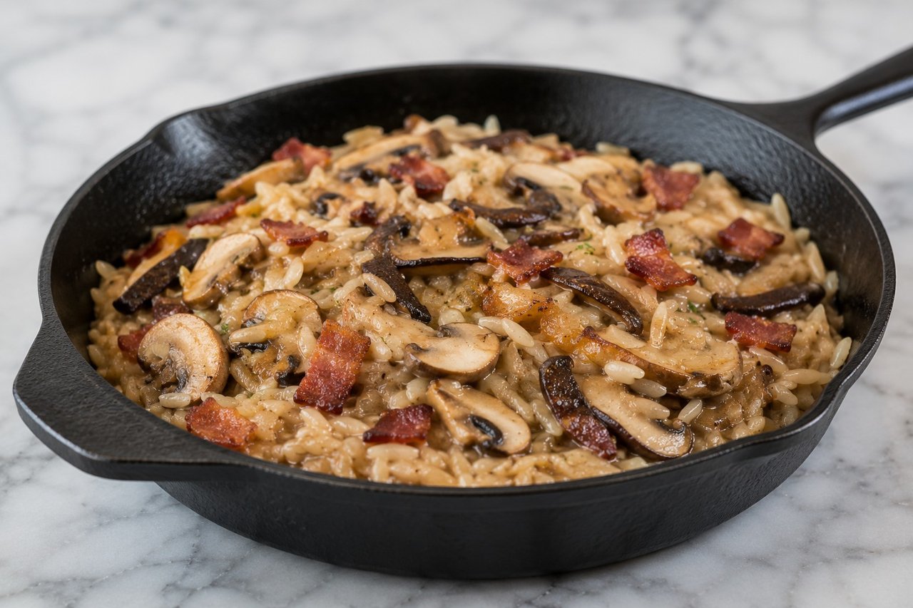 AIP mushroom risotto built on cassava orzo, bacon and two kinds of mushroom