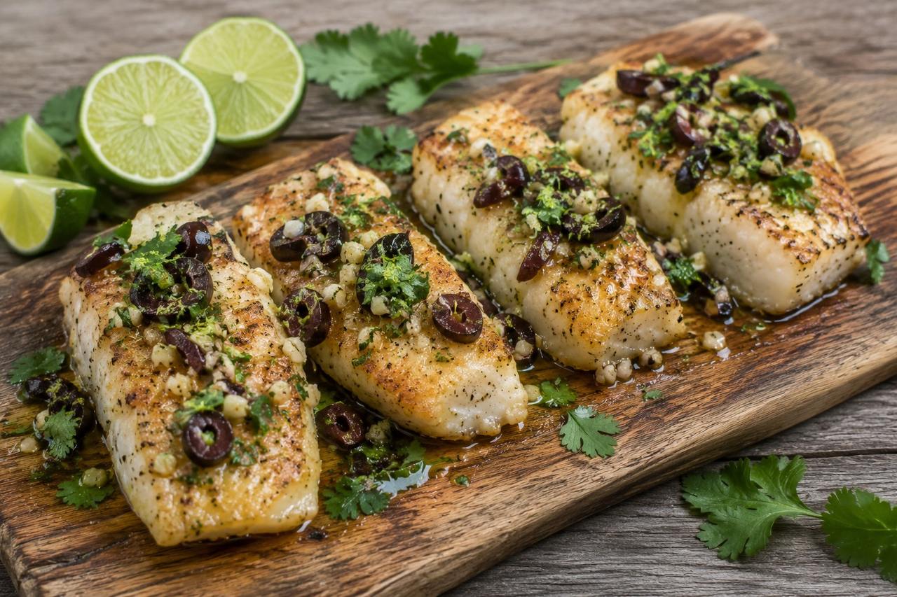 pan-fried cod in a tapioca and lime crust with a warm garlic, lime and olive vinaigrette
