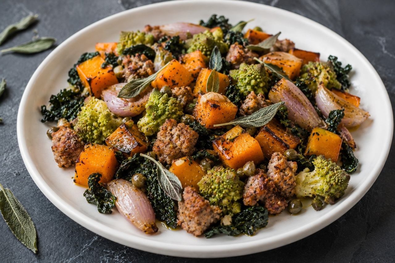 tray-roasted butternut squash, romanesco, shallots and torn sausage with kale, capers and warm sage oil