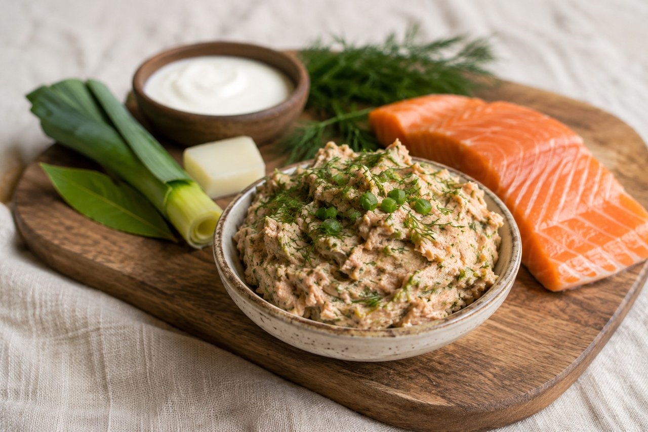quick wild salmon and leek pate blended with coconut cream and herbs into a spreadable pate