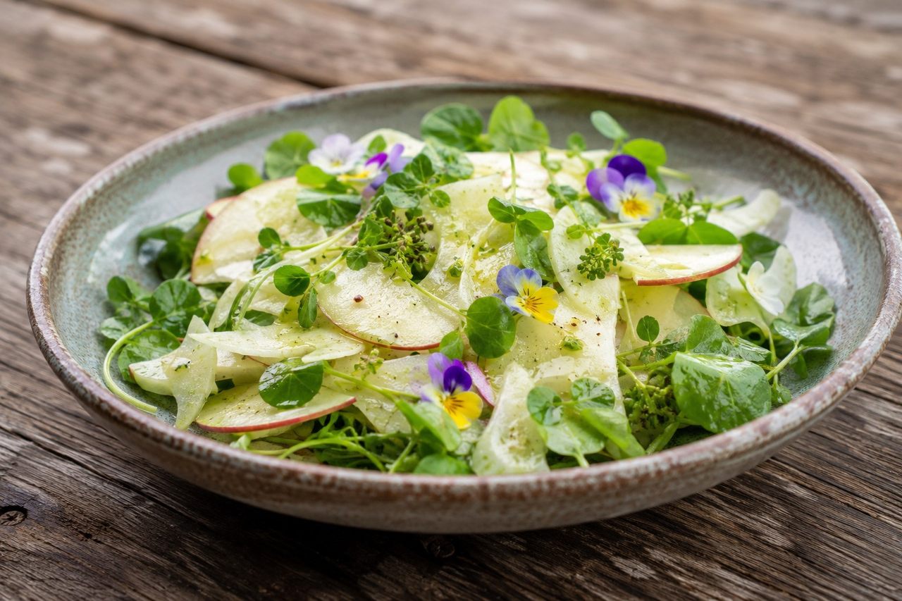 shaved kohlrabi and apple salad with watercress and an orange blossom vinaigrette