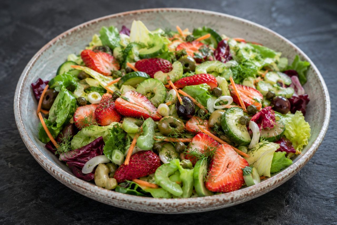 a big summer salad of leaves, strawberries, olives and crisp vegetables with a yuzu-balsamic dressing