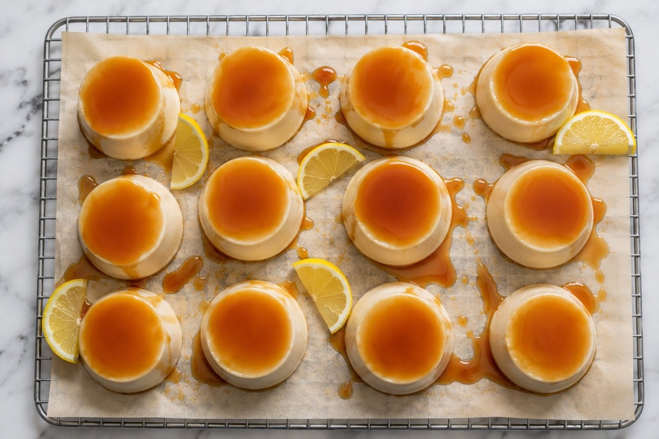 dairy-free, egg-free lemon panna cotta set with gelatin and thickened with white sweet potato, with a coconut-sugar lemon caramel