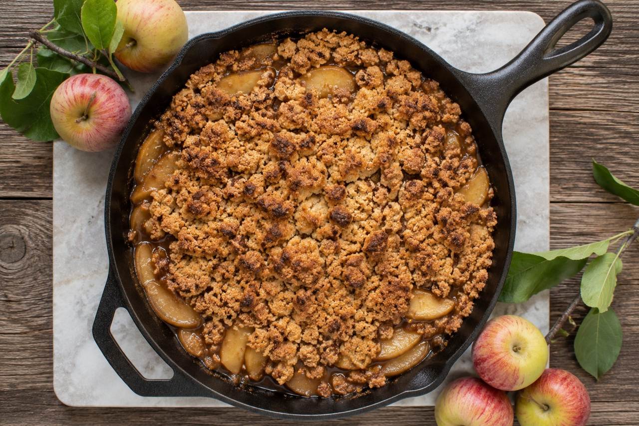 sweetener-free skillet apple crumble with an AIP apple-flour topping, sweetness from the fruit alone