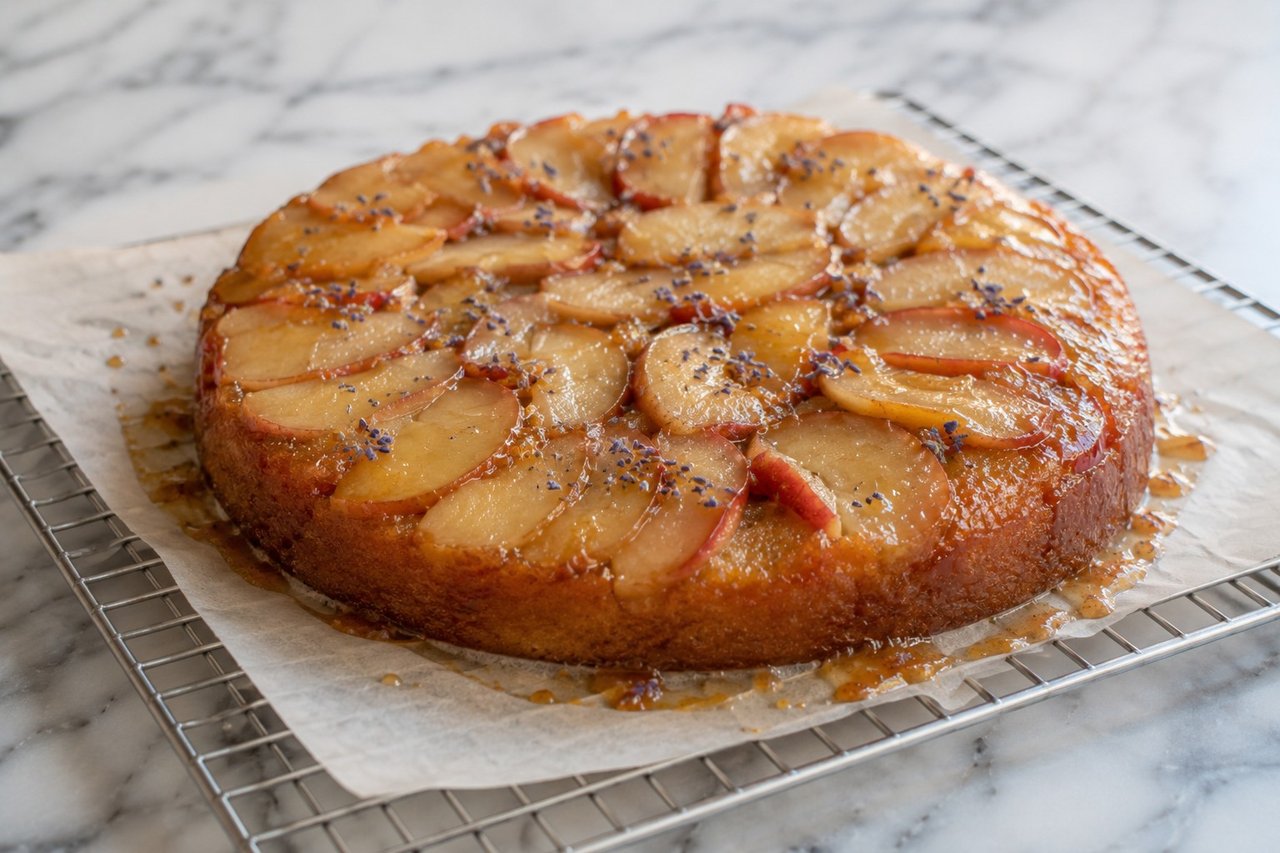 tarte-tatin-style apple and lavender upside-down cake, AIP elimination compliant
