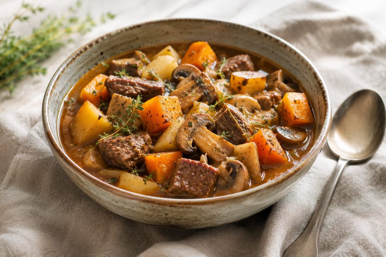 a slow-simmered beef and butternut squash stew with pear, ginger, garlic and thyme
