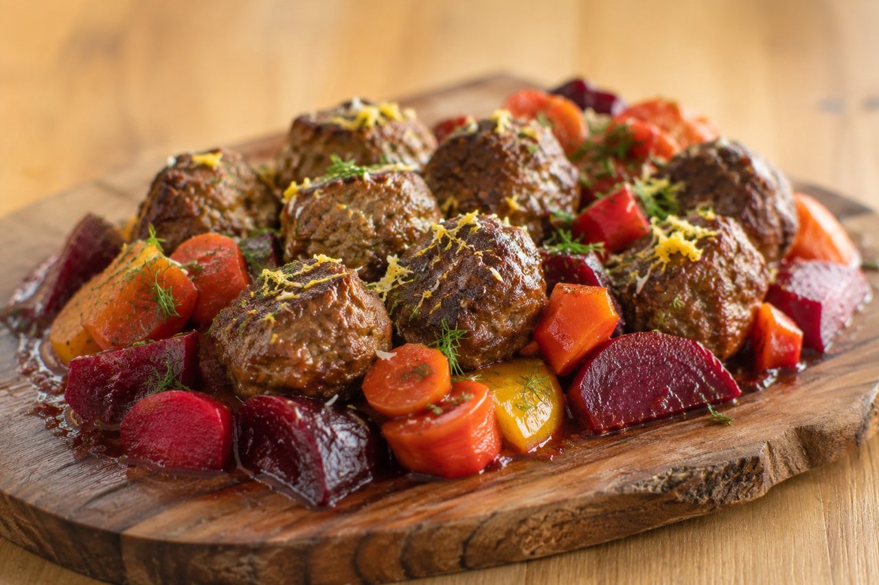 browned lamb meatballs simmered in a sauce of roasted beets, carrots and garlic