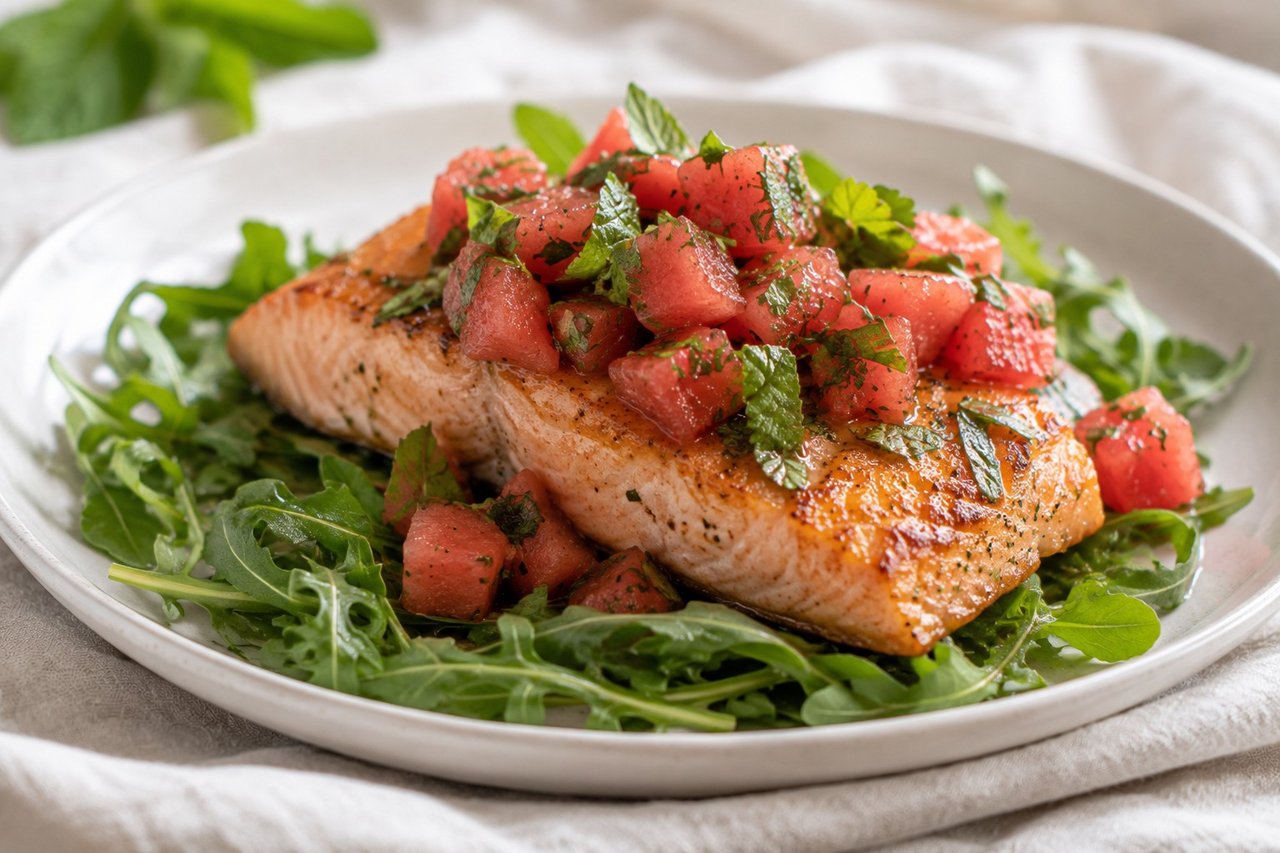ginger-lime salmon over arugula with a fresh watermelon mint salsa