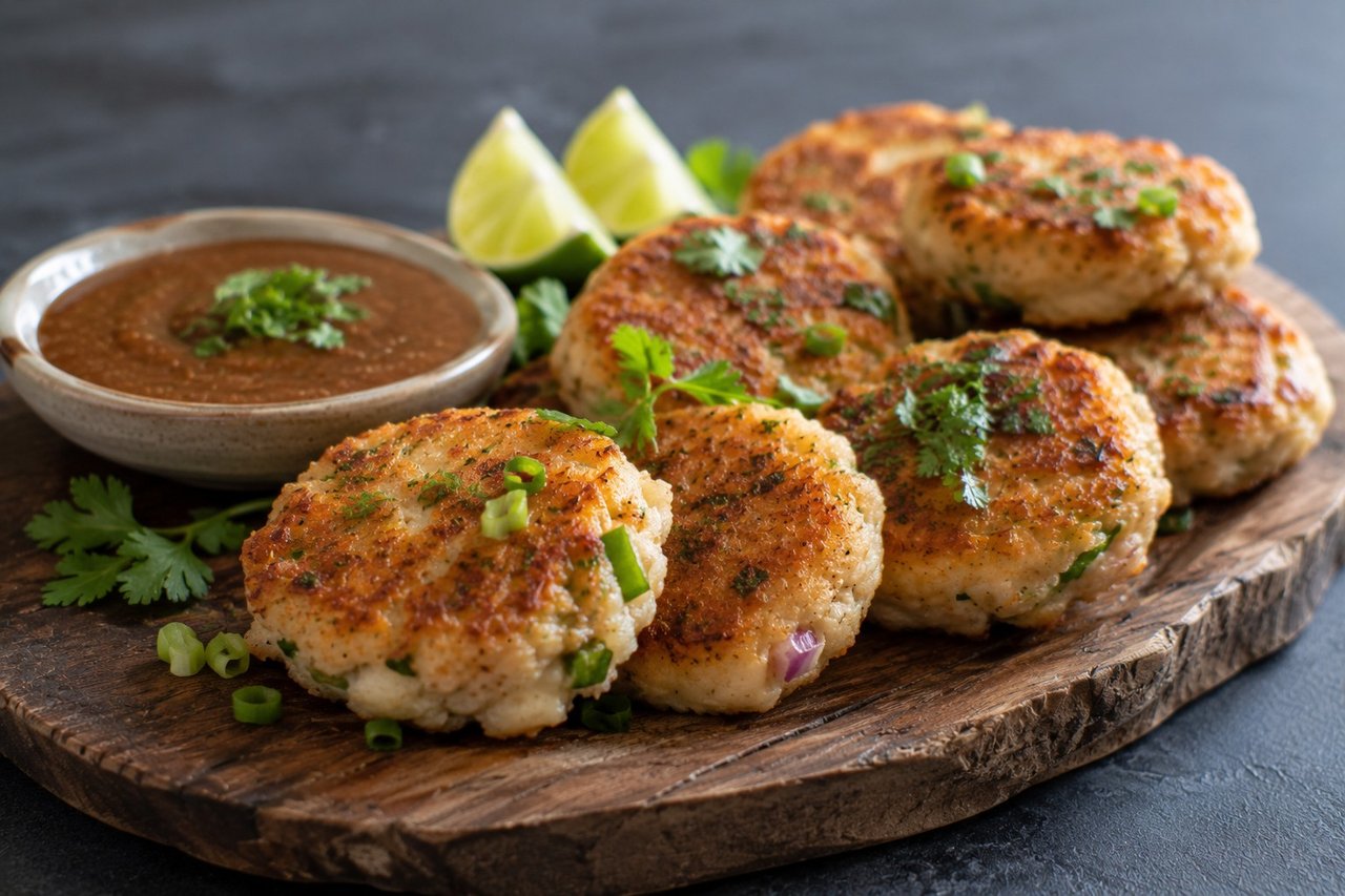 pan-fried cod fritters bound with cassava and tapioca, with a tangy date-lime dipping sauce